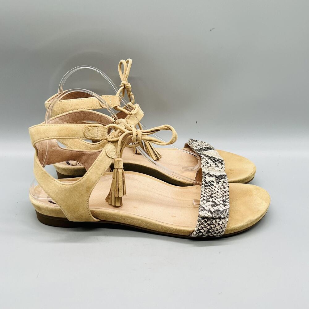 Abeo Sandals Womens 10 Beige Suede Snake Print Lace Up Tassel Flat Shoes Comfort